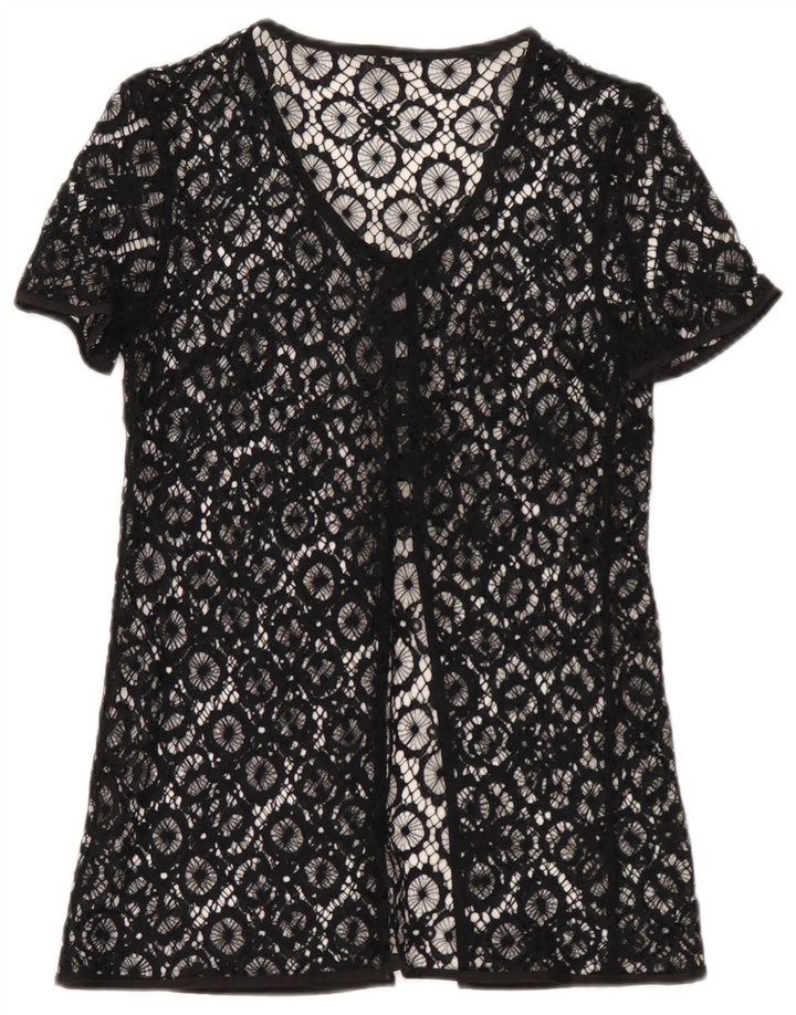 Vintage Womens See Through Shirt Blouse UK 10 Small Black Geometric