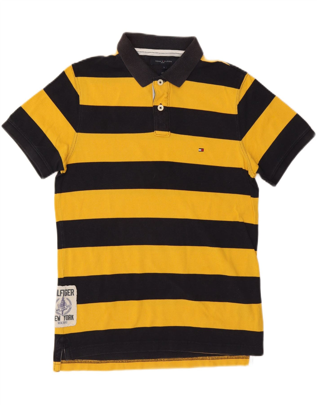 TOMMY HILFIGER Mens Slim Fit Polo Shirt Large Yellow Striped Cotton
