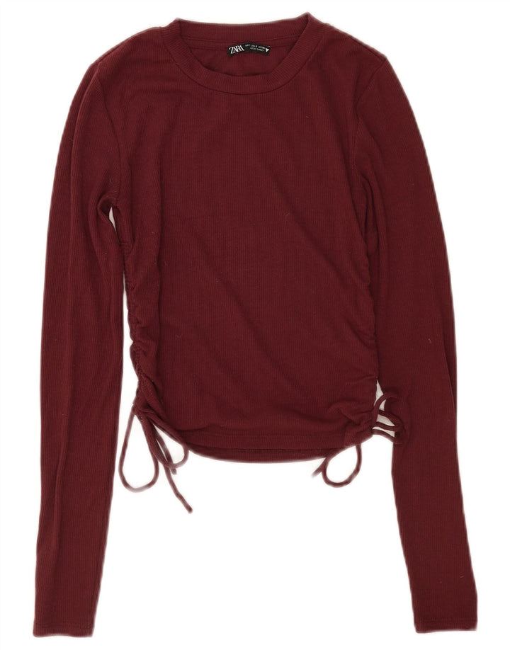 Zara Womens Crop Top Long Sleeve UK 10 Small Burgundy Polyester