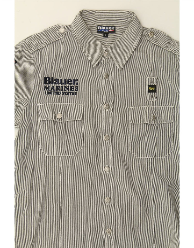 BLAUER Mens Graphic Short Sleeve Shirt Large Grey Pinstripe Cotton Vintage Blauer and Second-Hand Blauer from Messina Hembry 