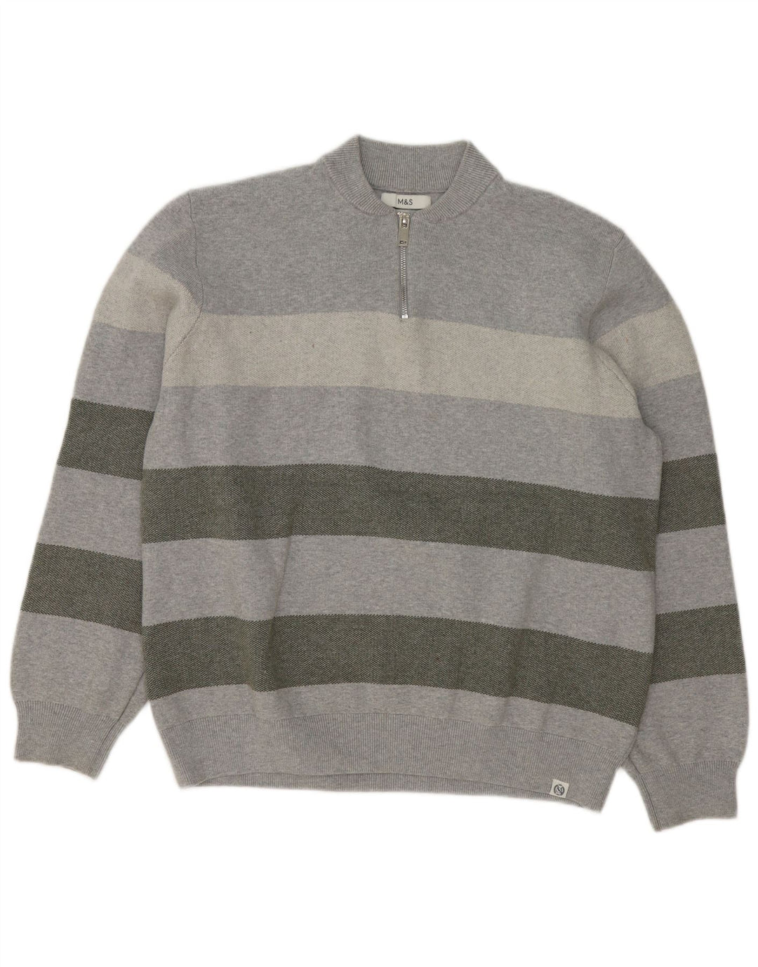 Marks & Spencer Mens Zip Neck Jumper Sweater 2XL Grey Striped Cotton