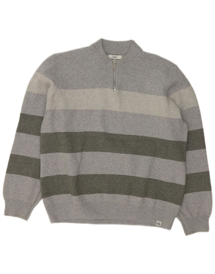 Marks & Spencer Mens Zip Neck Jumper Sweater 2XL Grey Striped Cotton