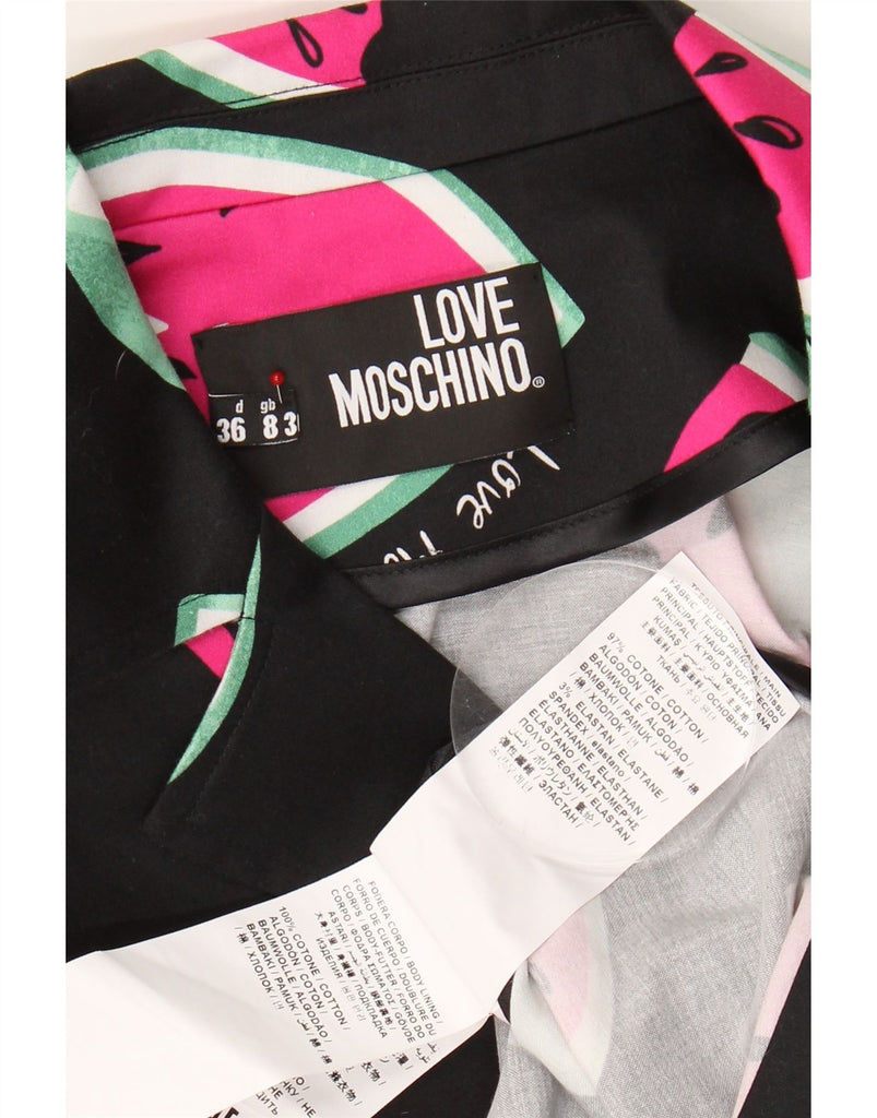 MOSCHINO Womens Graphic Short Sleeve Shirt Blouse UK 8 Small  Black Cotton Vintage Moschino and Second-Hand Moschino from Messina Hembry 