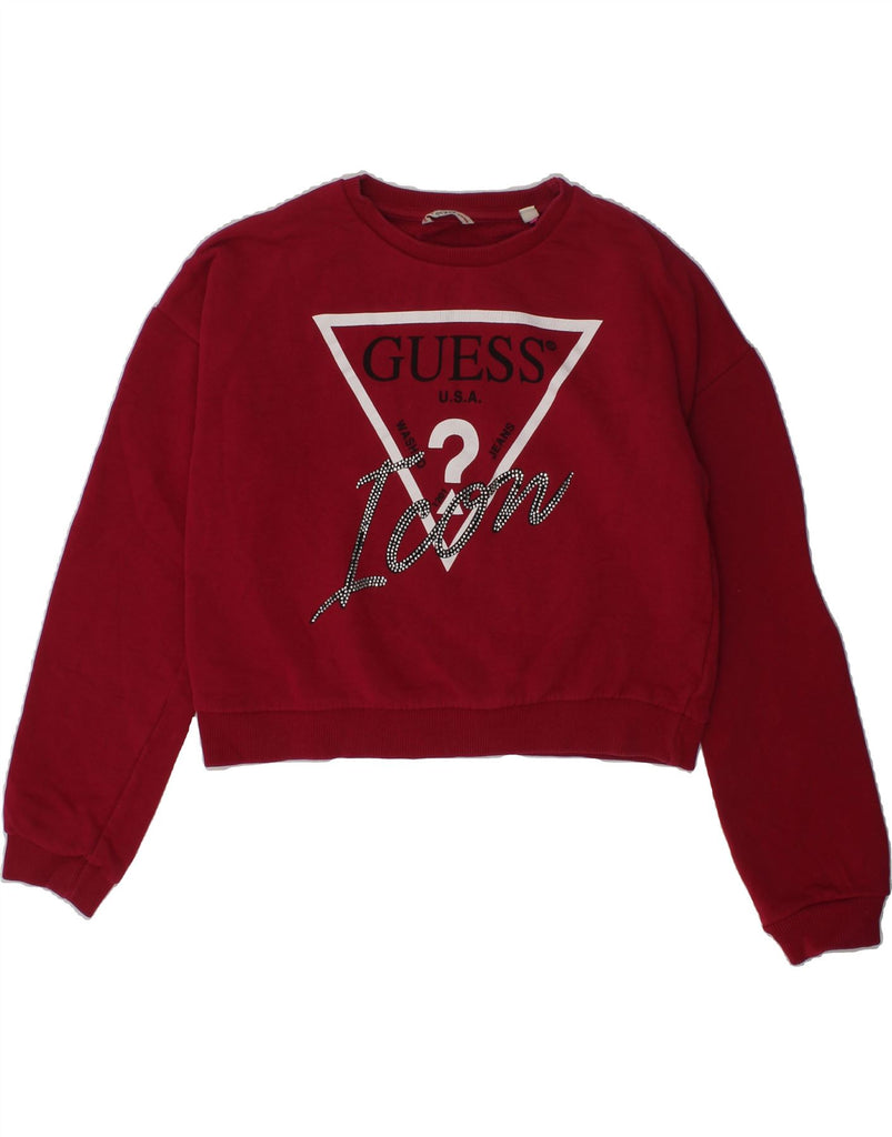 GUESS Girls Crop Graphic Sweatshirt Jumper 11-12 Years Burgundy | Vintage Guess | Thrift | Second-Hand Guess | Used Clothing | Messina Hembry 