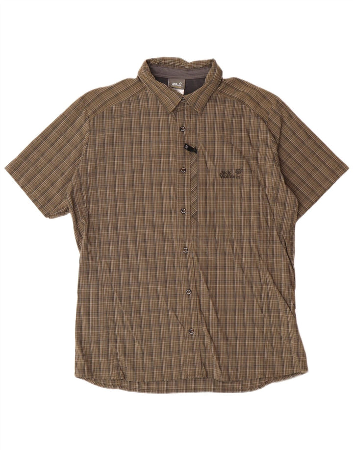 JACK WOLFSKIN Mens Short Sleeve Shirt UK 44/46 XL Khaki Check Polyamide