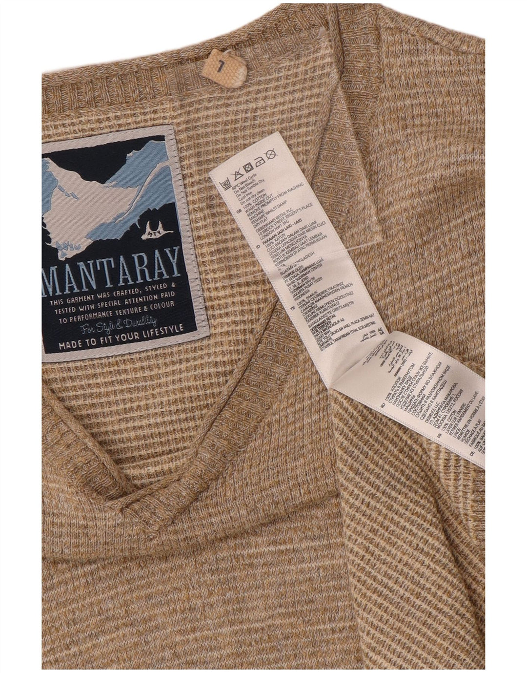 MANTARAY Mens V-Neck Jumper Sweater Large Beige Cotton