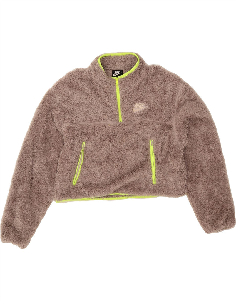NIKE Womens Oversized Crop Zip Neck Fleece Jumper UK 14 Medium Brown Vintage Nike and Second-Hand Nike from Messina Hembry 