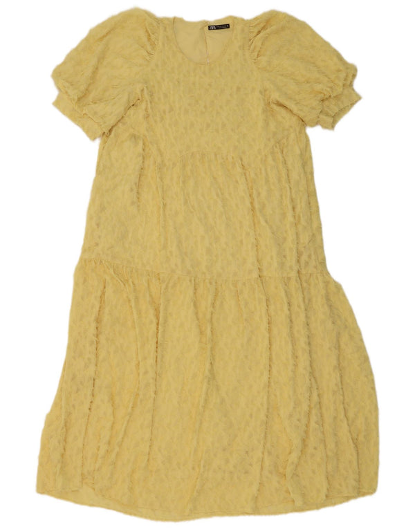 Zara Womens Abstract Pattern Tiered Dress UK 12 Medium Yellow Polyester