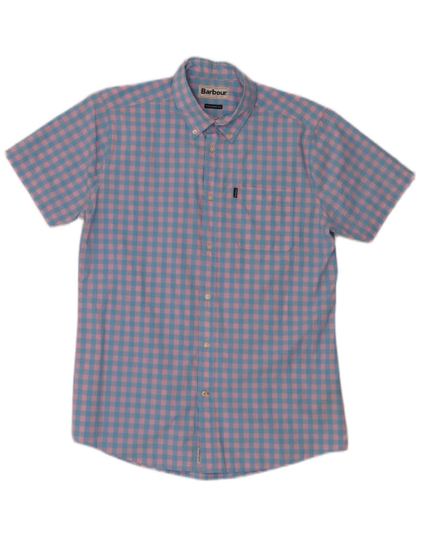 Barbour Mens Short Sleeve Tailored Fit Shirt Medium Blue Gingham Cotton