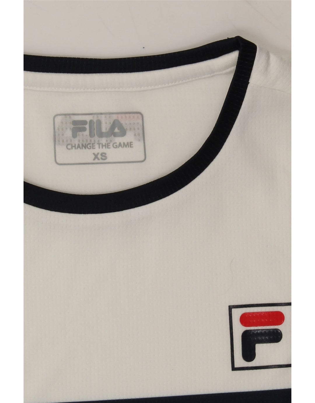 FILA Womens T-Shirt Top UK 6 XS White Striped Polyester Vintage Fila and Second-Hand Fila from Messina Hembry 