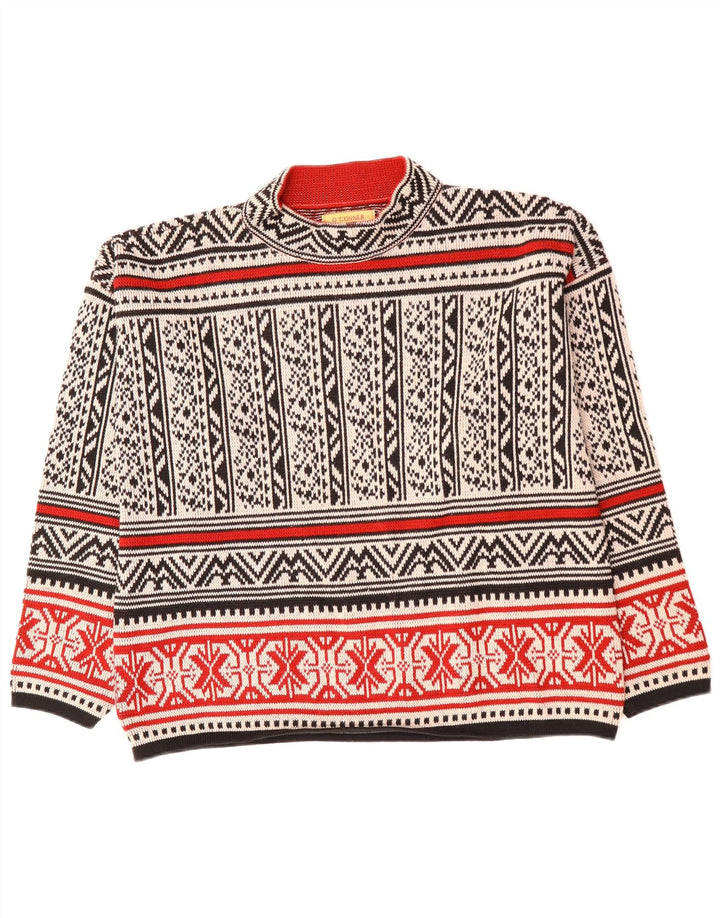 Vintage Mens Turtle Neck Jumper Sweater Large White Fair Isle Wool