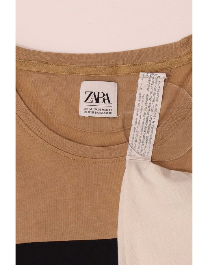 Zara Mens T-Shirt Top Medium Beige Colourblock Cotton