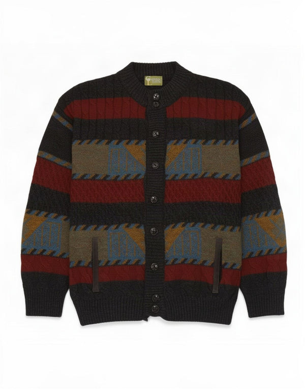 Green Leaves Mens Cardigan Sweater Large Multicoloured Striped Acrylic
