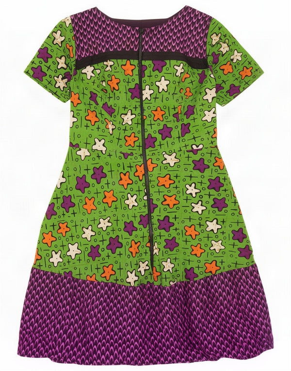 Vintage Womens Abstract Pattern A-Line Dress UK 8 Small Green Colourblock