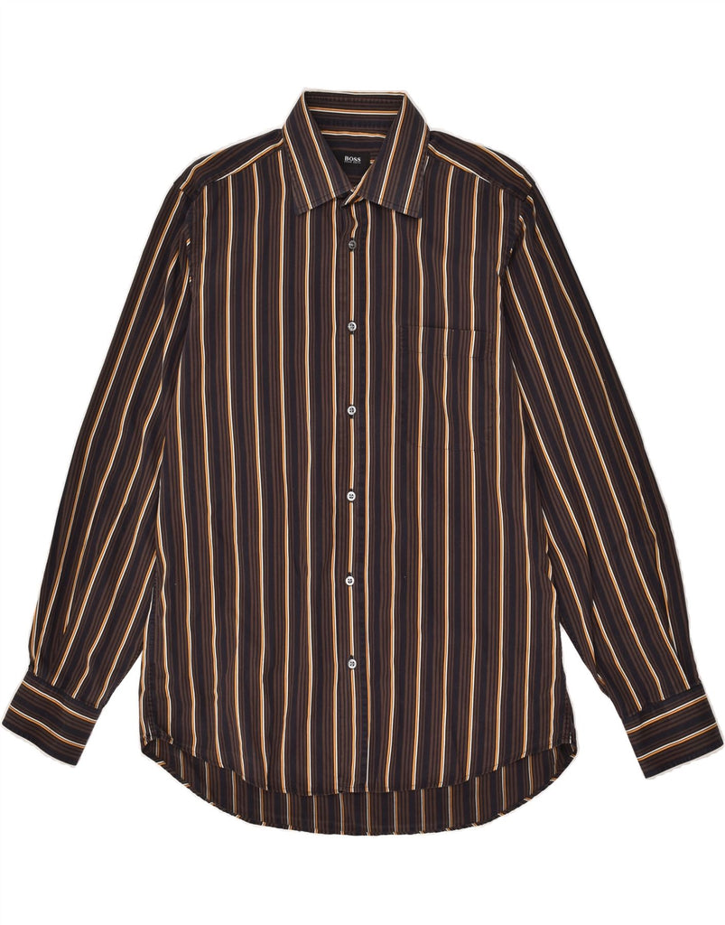 HUGO BOSS Mens Shirt Size 15 39 Medium Brown Striped Cotton | Vintage Hugo Boss | Thrift | Second-Hand Hugo Boss | Used Clothing | Messina Hembry 