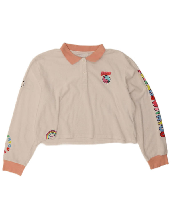 Guess Womens Crop Graphic Polo Shirt UK 16 Large White Colourblock