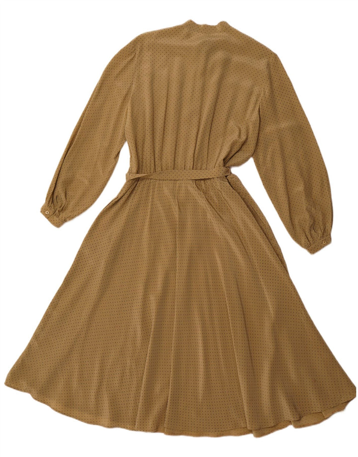 VINTAGE Womens Front Tie Long Sleeve Maxi Dress EU 44 XL Brown Spotted