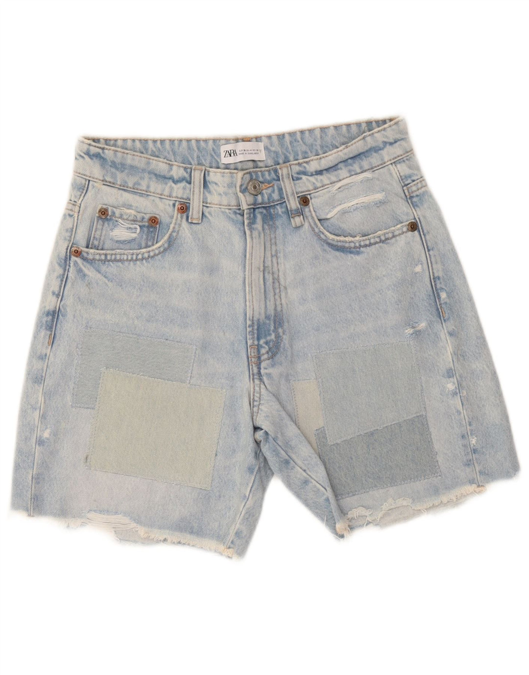 Zara Womens Distressed Denim Shorts EU 36 XS W26 Blue Patchwork Cotton