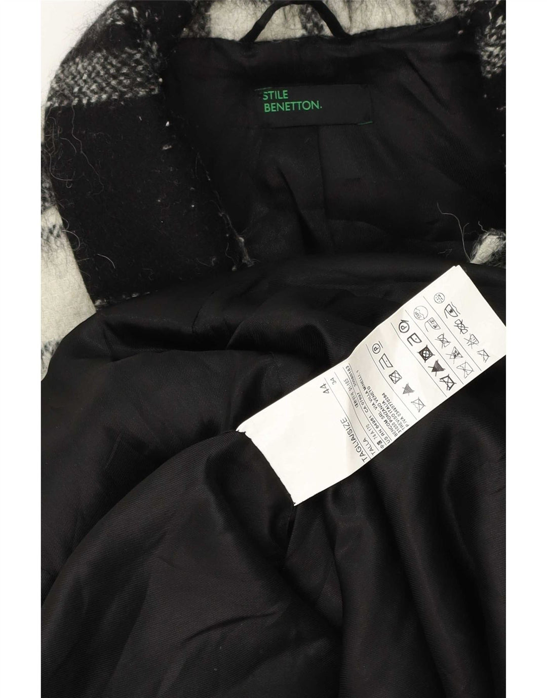 Benetton Womens Overcoat IT 44 Medium Black Check Wool