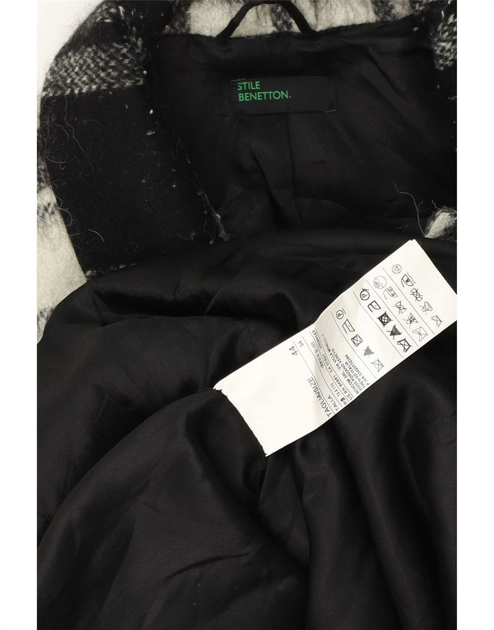 Benetton Womens Overcoat IT 44 Medium Black Check Wool