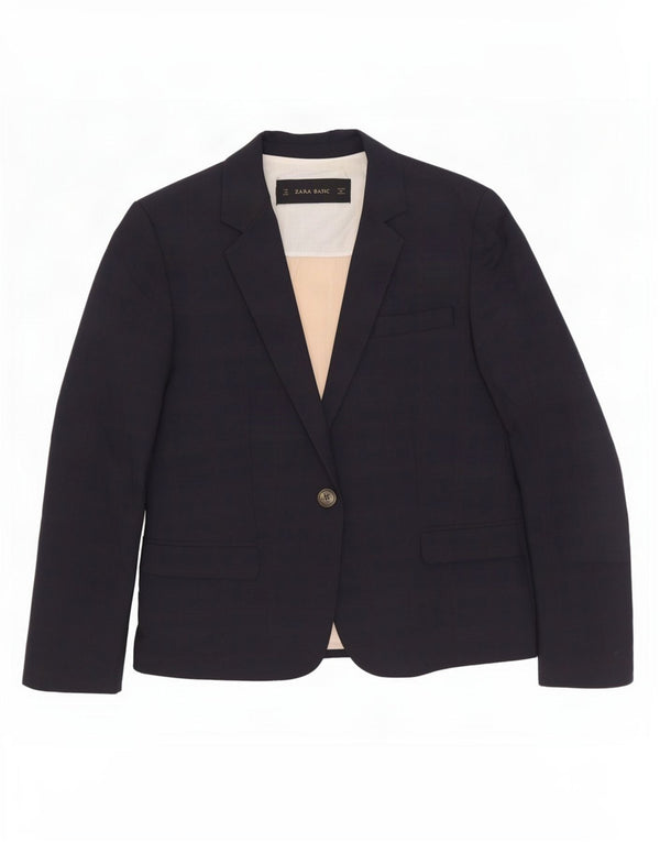 Zara Womens 1 Button Blazer Jacket UK 12 Medium Navy Blue Cotton