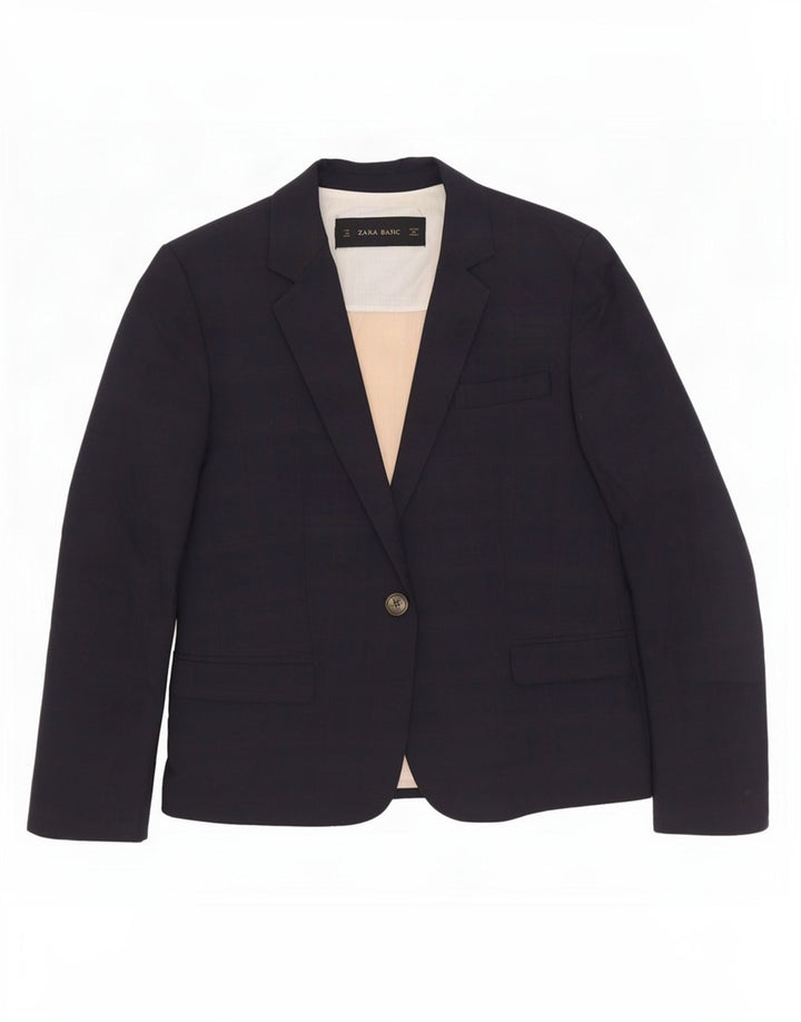 Zara Womens 1 Button Blazer Jacket UK 12 Medium Navy Blue Cotton