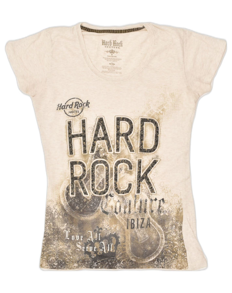 HARD ROCK CAFE Womens Ibiza Graphic T-Shirt Top UK 8 Small Beige Cotton | Vintage Hard Rock Cafe | Thrift | Second-Hand Hard Rock Cafe | Used Clothing | Messina Hembry 