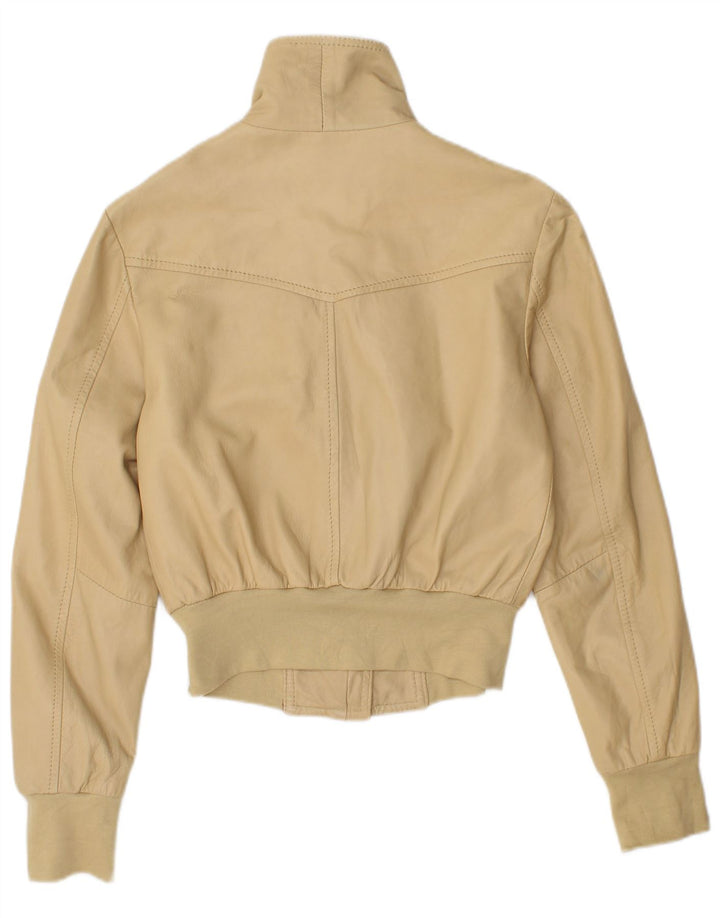 Vintage Womens Crop Bomber Jacket UK 14 Large Beige Leather
