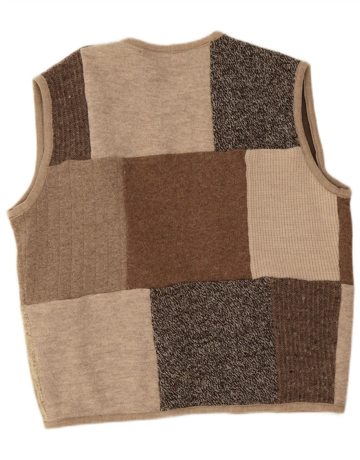 Vintage Womens Sleeveless Open Cardigan Sweater UK 16 Large Beige Patchwork