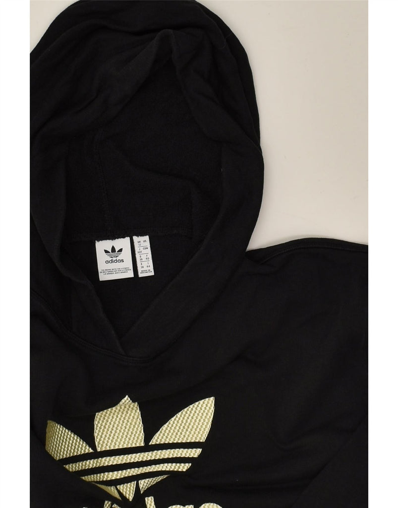 ADIDAS Womens Graphic Crop Hoodie Jumper UK 12 Medium Black Cotton | Vintage Adidas | Thrift | Second-Hand Adidas | Used Clothing | Messina Hembry 