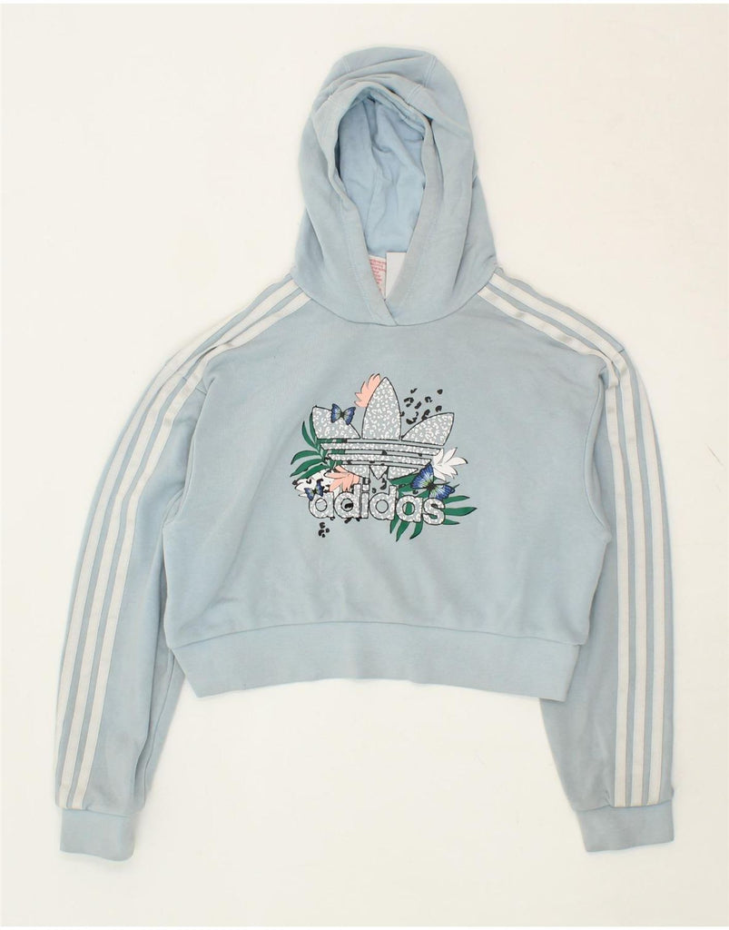 ADIDAS Boys Crop Graphic Hoodie Jumper 11-12 Years Blue Cotton Vintage Adidas and Second-Hand Adidas from Messina Hembry 