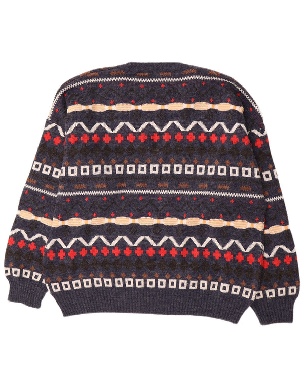 Vintage Mens V-Neck Jumper Sweater XL Navy Blue Geometric Wool