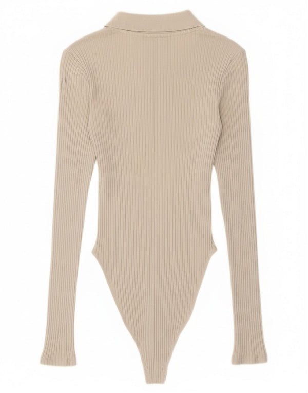 Zara Womens Long Sleeve Bodysuit UK 8 Small Beige Cotton