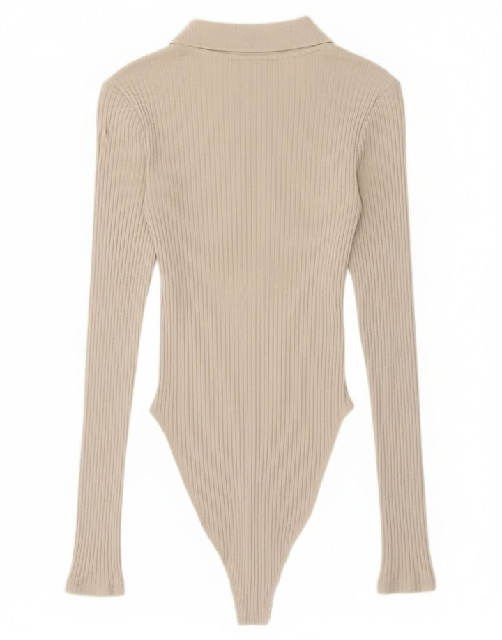 Zara Womens Long Sleeve Bodysuit UK 8 Small Beige Cotton