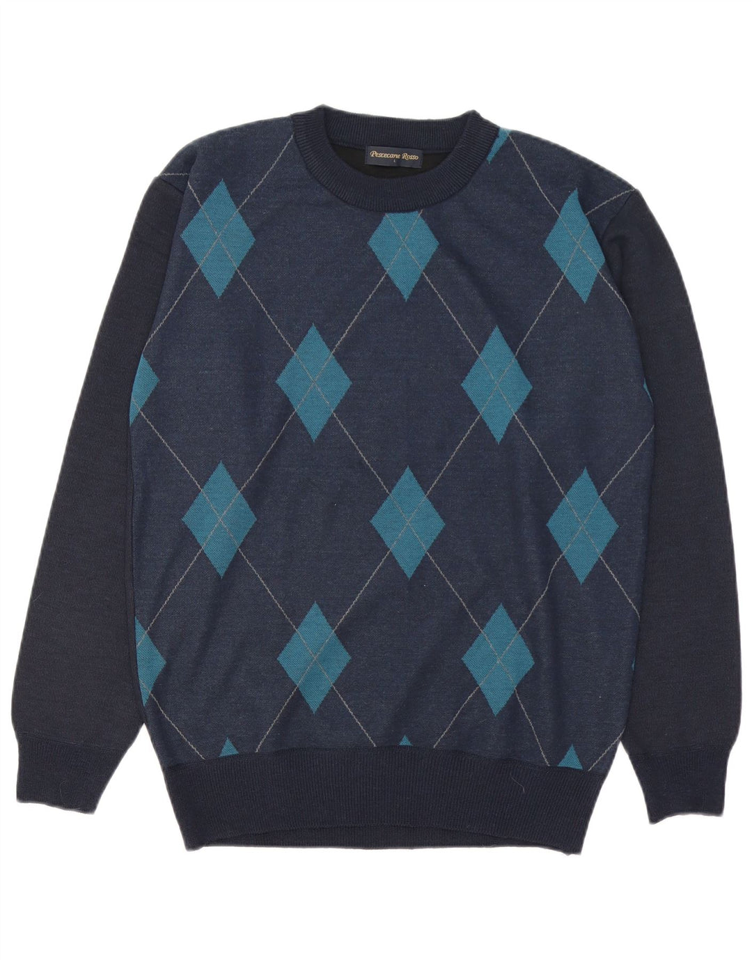 Vintage Mens Crew Neck Jumper Sweater Large Navy Blue Argyle/Diamond Wool