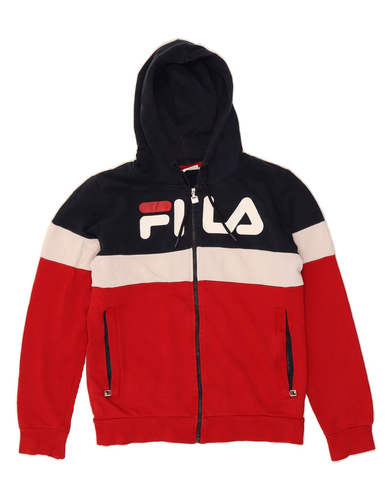 FILA Mens Graphic Zip Hoodie Sweater Small Red Colourblock Cotton Vintage Fila and Second-Hand Fila from Messina Hembry 