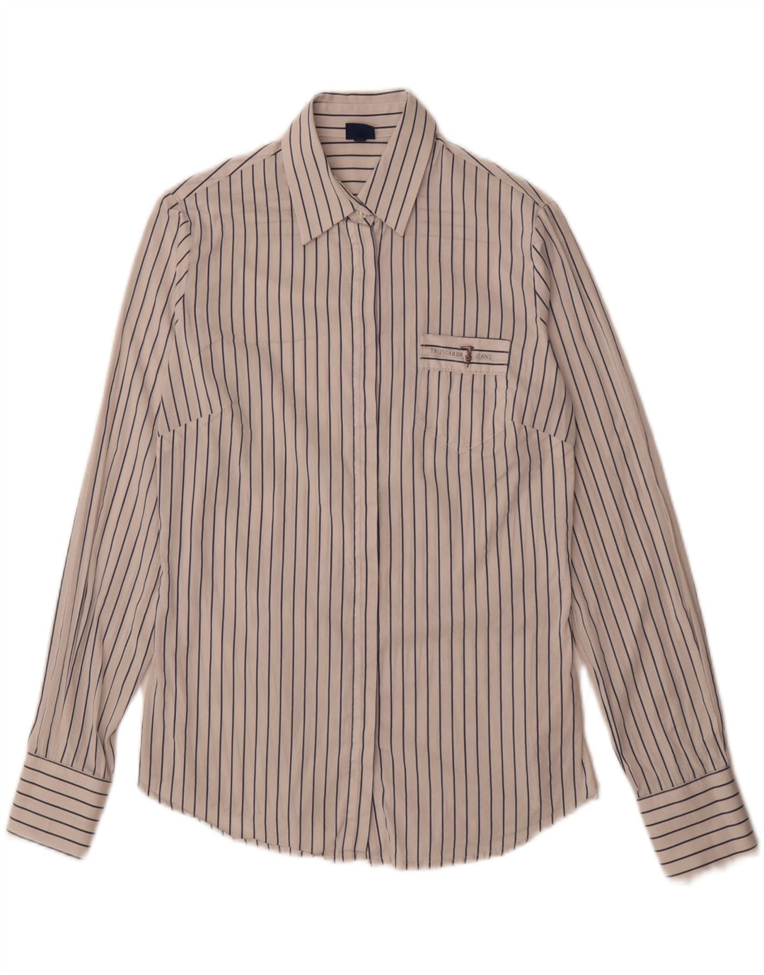 TRUSSARDI Womens Shirt UK 14 Medium White Striped Cotton Vintage Trussardi and Second-Hand Trussardi from Messina Hembry 