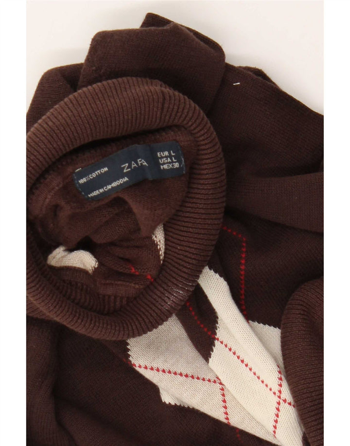 Zara Womens Roll Neck Jumper Sweater UK 14 Large Brown Argyle/Diamond