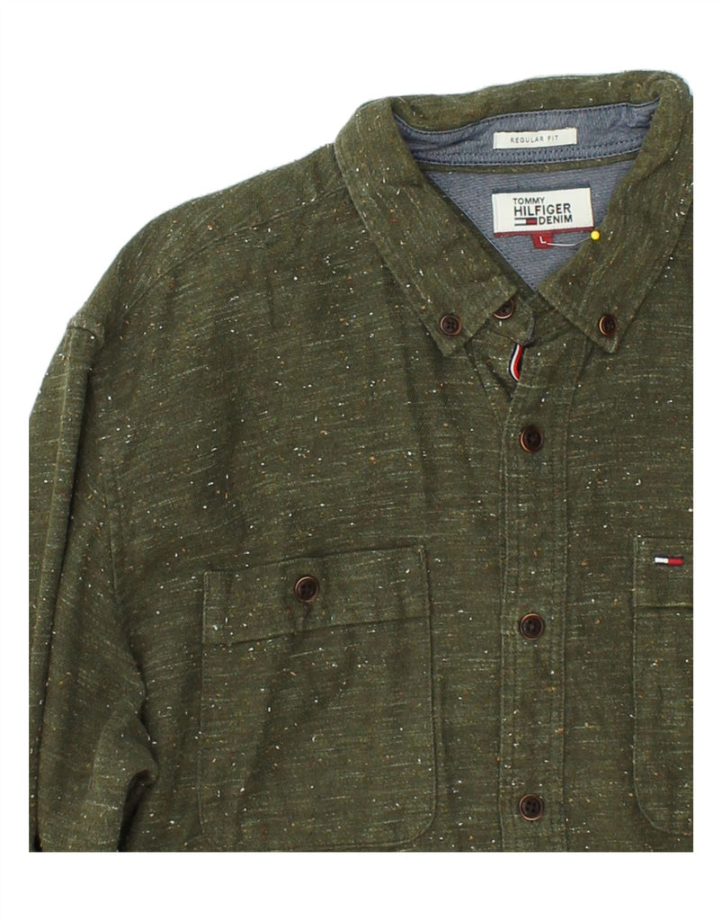 TOMMY HILFIGER Mens Regular Fit Shirt Large Khaki Flecked Cotton | Vintage Tommy Hilfiger | Thrift | Second-Hand Tommy Hilfiger | Used Clothing | Messina Hembry 