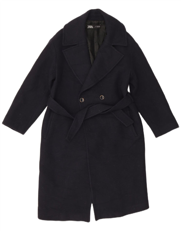 Zara Womens Double Breasted Coat UK 6 XS Navy Blue Wool