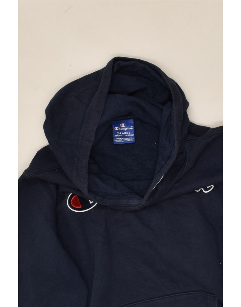 CHAMPION Boys Graphic Hoodie Jumper 13-14 Years XL Navy Blue Cotton | Vintage Champion | Thrift | Second-Hand Champion | Used Clothing | Messina Hembry 