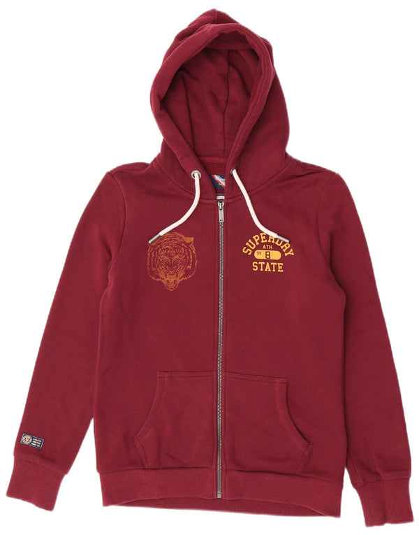 Superdry Womens Graphic Zip Hoodie Sweater UK 10 Small Maroon Cotton