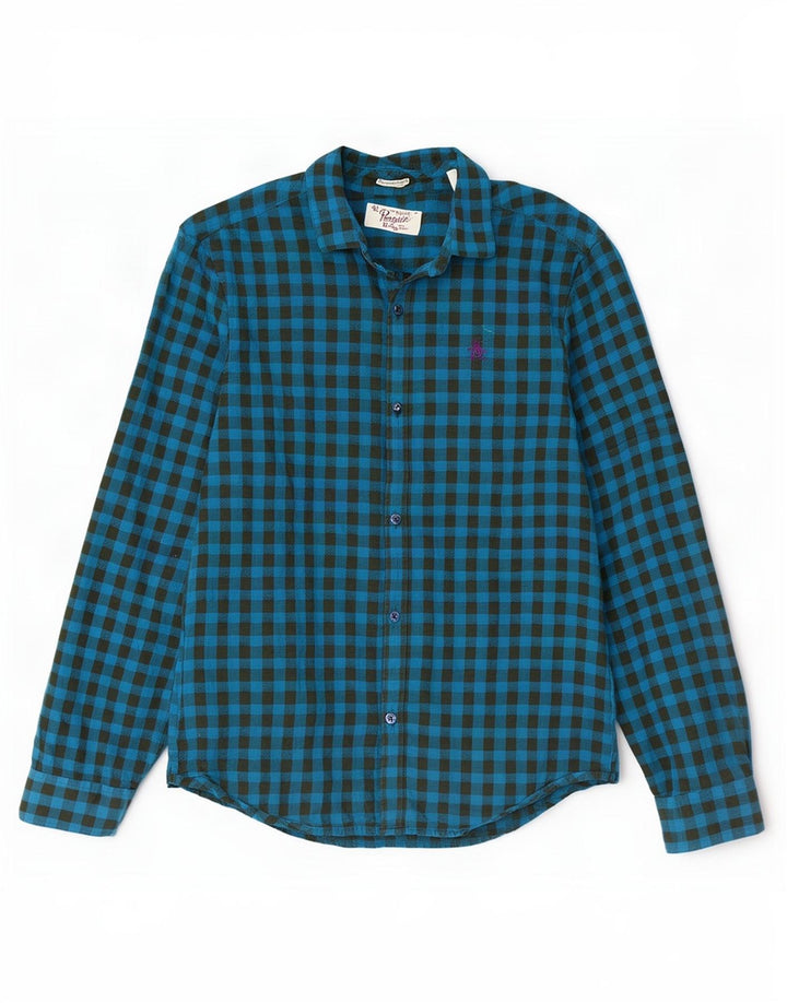 Penguin Mens Heritage Slim Fit Flannel Shirt Medium Blue Gingham Cotton