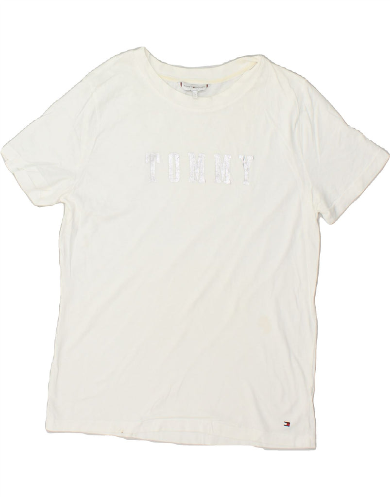 TOMMY HILFIGER Womens Graphic T-Shirt Top UK 10 Small White Cotton | Vintage Tommy Hilfiger | Thrift | Second-Hand Tommy Hilfiger | Used Clothing | Messina Hembry 