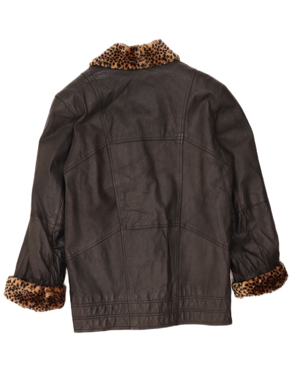 VINTAGE Womens Oversized Leather Coat UK 10 Small Black Animal Print