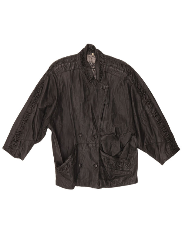 Vintage Womens 3/4 Sleeve Double Breasted Leather Jacket UK 16 Large Black