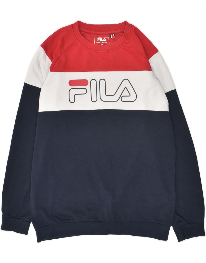 FILA Boys Graphic Sweatshirt Jumper 15-16 Years Navy Blue Colourblock | Vintage Fila | Thrift | Second-Hand Fila | Used Clothing | Messina Hembry 