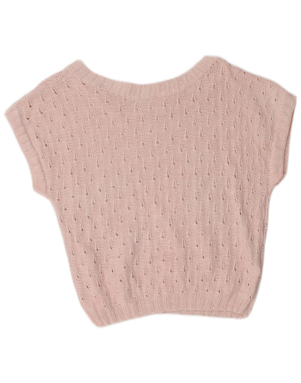 Vintage Womens Crop Short Sleeve Boat Neck Jumper Sweater UK 12 Medium Pink