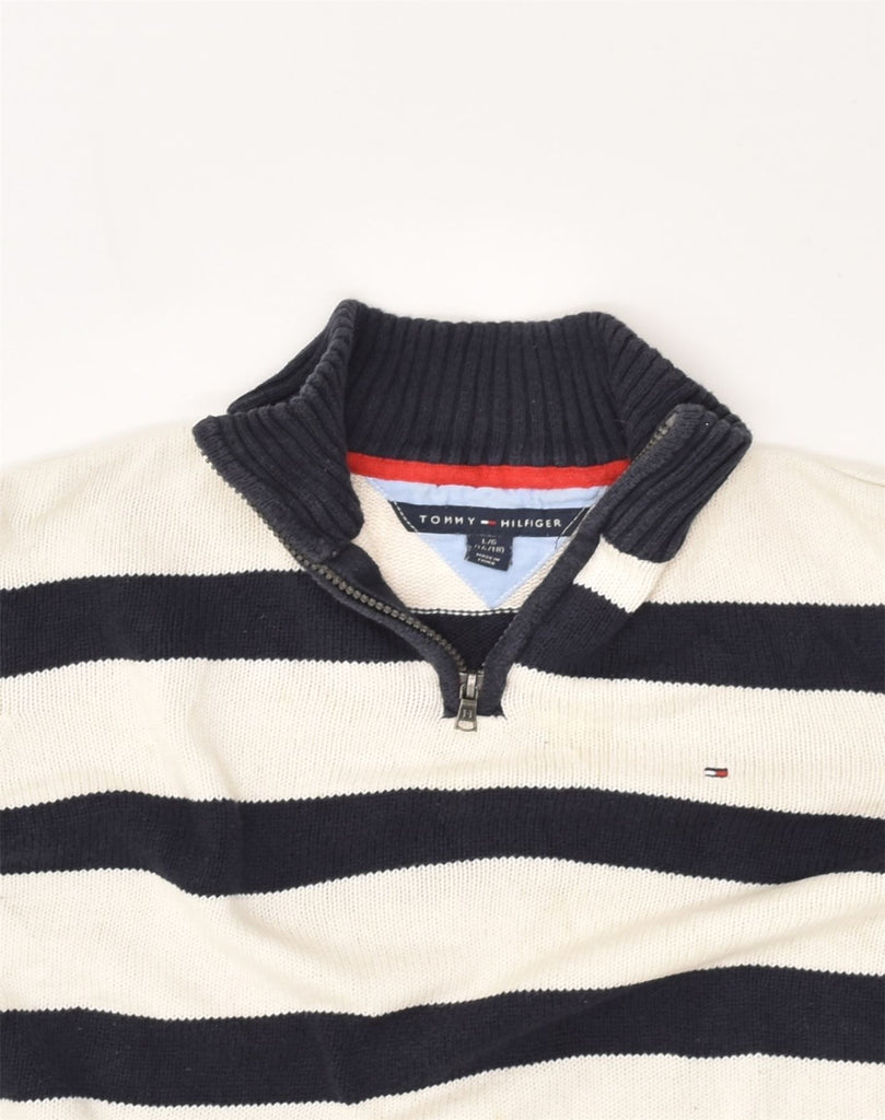 TOMMY HILFIGER Boys Zip Neck Jumper Sweater 15-16 Years Large Blue Striped | Vintage Tommy Hilfiger | Thrift | Second-Hand Tommy Hilfiger | Used Clothing | Messina Hembry 