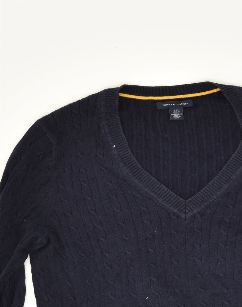 TOMMY HILFIGER Womens V-Neck Jumper Sweater UK 14 Large Navy Blue Cotton | Vintage Tommy Hilfiger | Thrift | Second-Hand Tommy Hilfiger | Used Clothing | Messina Hembry 